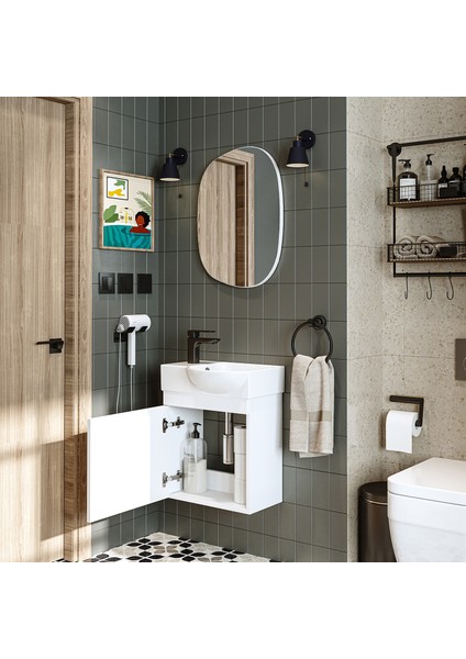 Punto Ayaksız Tek Kapaklı Sol Lavabolu 46 cm Banyo Alt Dolabı + Üst Ayna