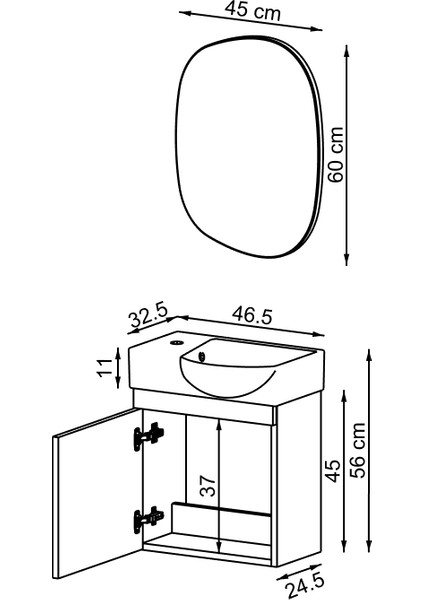 Punto Ayaksız Tek Kapaklı Sol Lavabolu 46 cm Banyo Alt Dolabı + Üst Ayna