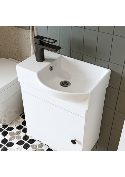Punto Ayaksız Tek Kapaklı Sol Lavabolu 46 cm Banyo Alt Dolabı + Üst Ayna