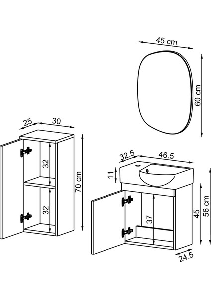 Punto Ayaksız Tek Kapaklı Sol Lavabolu 46 cm Banyo Alt Dolabı + Üst Ayna + Boy Dolabı modelleri