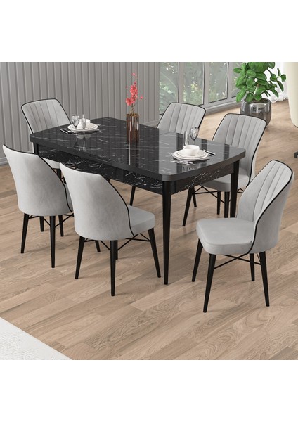 Uzi Serisi Siyah Mermer Desen 80X132 Açılabilir Mutfak Masası Takımı 6 Sandalye