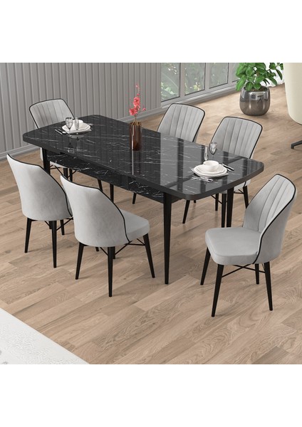 Uzi Serisi Siyah Mermer Desen 80X132 Açılabilir Mutfak Masası Takımı 6 Sandalye fiyatları