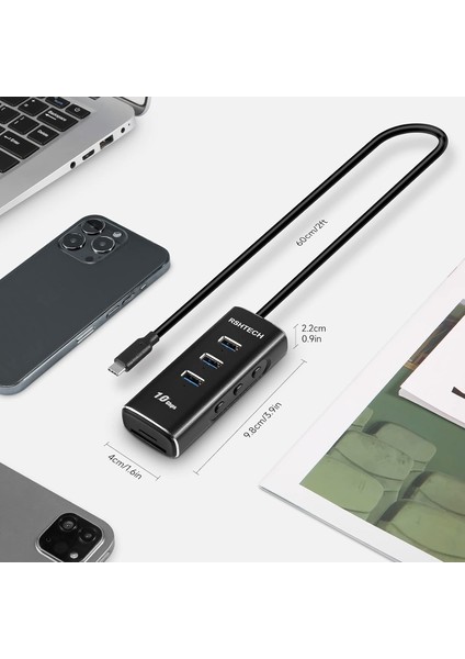 Alüminyum 5 In 1 Type C USB 3.1/3.2 Gen2 Hub 3* 10GBPS USB 3.2 Veri Bağlantı Noktası, Sd/tf Kart Okuyucu, 60 cm Kablo,