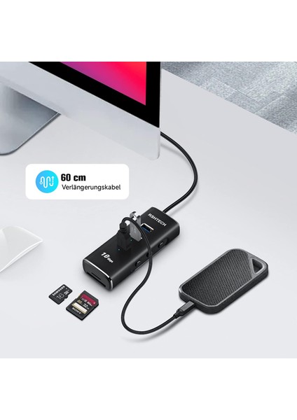 Alüminyum 5 In 1 Type C USB 3.1/3.2 Gen2 Hub 3* 10GBPS USB 3.2 Veri Bağlantı Noktası, Sd/tf Kart Okuyucu, 60 cm Kablo,