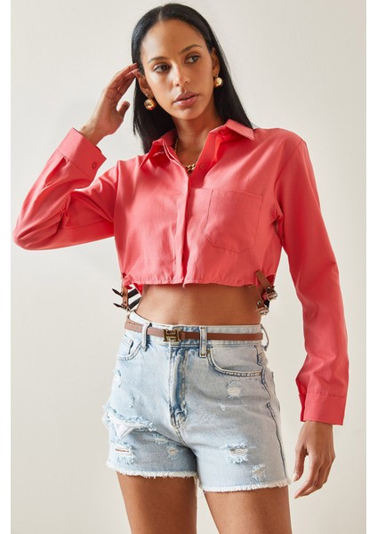 Pembe Toka Detaylı Tek Cepli Crop Gömlek 5YXK2-48254-20