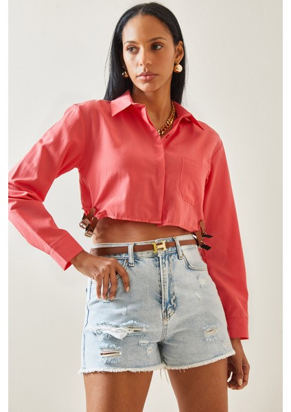 Pembe Toka Detaylı Tek Cepli Crop Gömlek 5YXK2-48254-20
