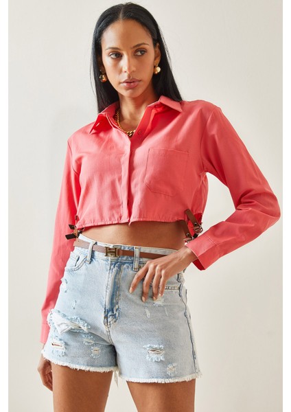 Pembe Toka Detaylı Tek Cepli Crop Gömlek 5YXK2-48254-20