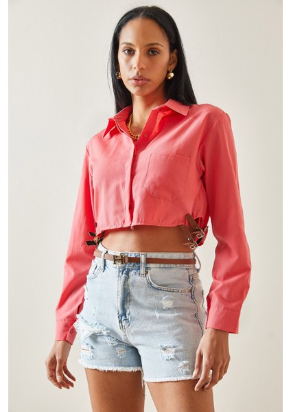 Pembe Toka Detaylı Tek Cepli Crop Gömlek 5YXK2-48254-20