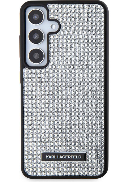 Galaxy S24 Uyumlu Kılıf Taşlı Metal Logo Lisanslı Kapak Gümüş