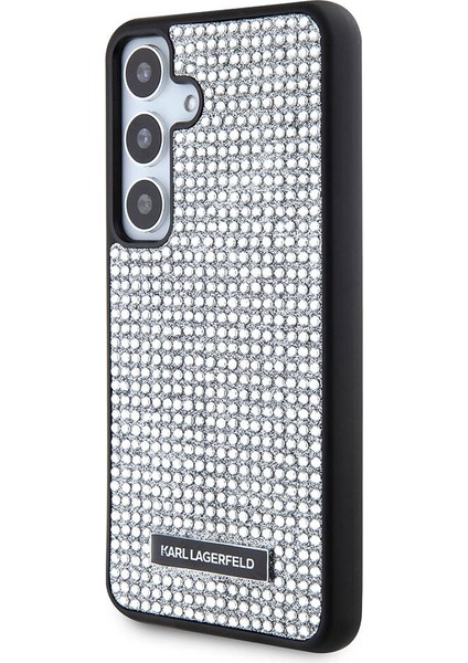 Galaxy S24 Uyumlu Kılıf Taşlı Metal Logo Lisanslı Kapak Gümüş modelleri