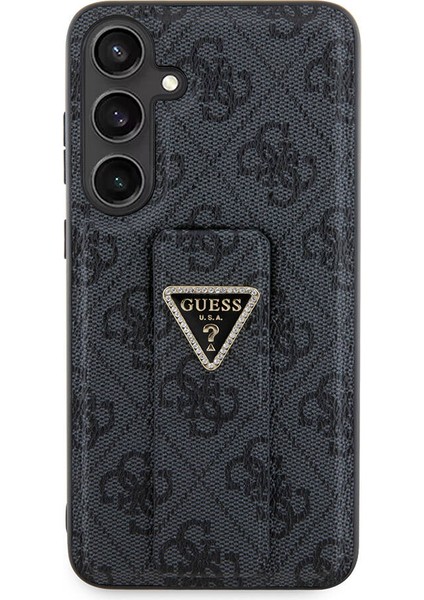 Galaxy S24 Plus Uyumlu Kılıf Guess Lisanslı 4g Desenli Üçgen Logolu Standlı Deri Kapak Siyah