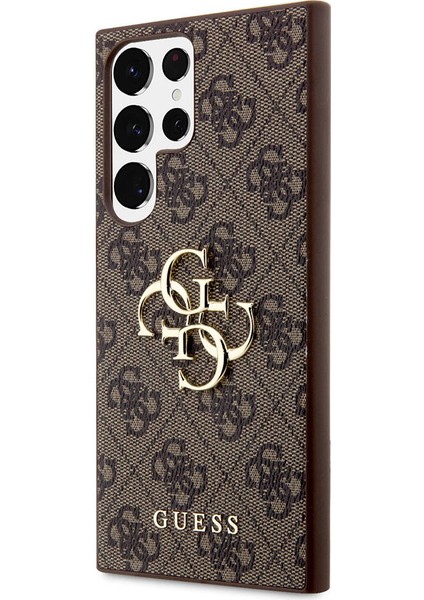 Galaxy S24 Ultra Kılıf Guess Lisanslı Pu Deri Yazı ve 4g Metal Logolu Desenli Kapak Kahverengi