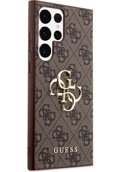 Galaxy S24 Ultra Kılıf Guess Lisanslı Pu Deri Yazı ve 4g Metal Logolu Desenli Kapak Kahverengi