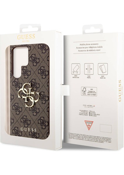 Galaxy S24 Ultra Kılıf Guess Lisanslı Pu Deri Yazı ve 4g Metal Logolu Desenli Kapak Kahverengi