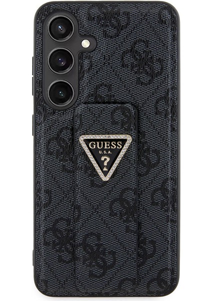 Galaxy S24 Uyumlu Kılıf Guess Lisanslı 4g Desenli Üçgen Logolu Standlı Deri Kapak Siyah