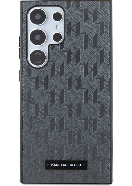 Galaxy S24 Ultra Uyumlu Kılıf Lisanslı Saffiano Monogram Metal Logo Kapak Gri