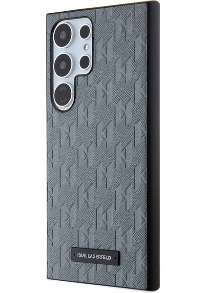 Galaxy S24 Ultra Uyumlu Kılıf Lisanslı Saffiano Monogram Metal Logo Kapak Gri modelleri