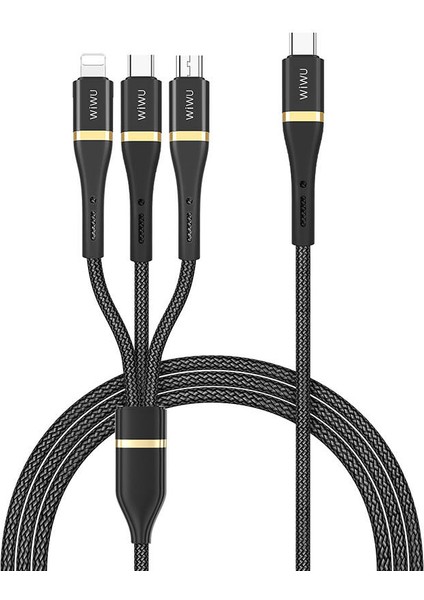 Hızlı Şarj Kablosu Wiwu WI-C024 Elite Serisi 3in1 Type-C To Lightning&type-C&micro 100W 1.2m Siyah