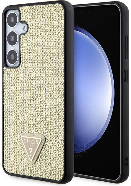 Galaxy S24 Plus Uyumlu Kılıf Guess Lisanslı Taşlı Arka Yüzey Üçgen Logolu Kapak Gold