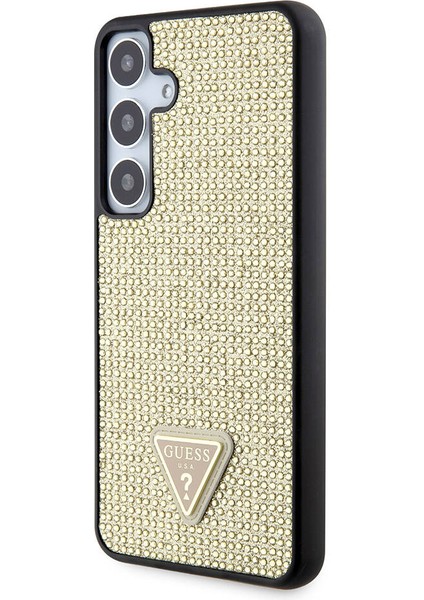 Galaxy S24 Plus Uyumlu Kılıf Guess Lisanslı Taşlı Arka Yüzey Üçgen Logolu Kapak Gold