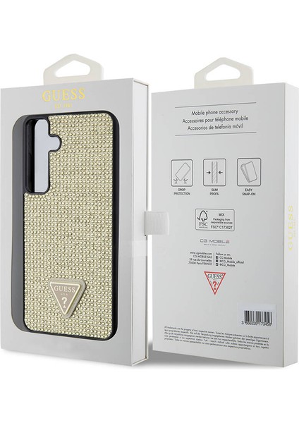 Galaxy S24 Plus Uyumlu Kılıf Guess Lisanslı Taşlı Arka Yüzey Üçgen Logolu Kapak Gold