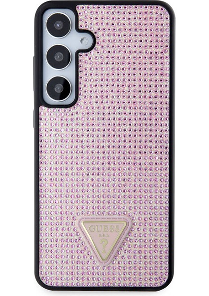 Galaxy S24 Plus Uyumlu Kılıf Guess Lisanslı Taşlı Arka Yüzey Üçgen Logolu Kapak Pembe
