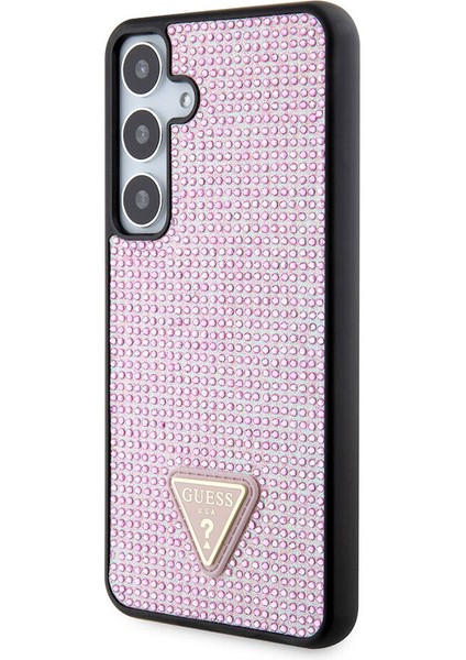 Galaxy S24 Plus Uyumlu Kılıf Guess Lisanslı Taşlı Arka Yüzey Üçgen Logolu Kapak Pembe modelleri