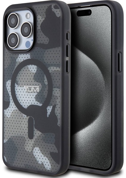 iPhone 15 Pro Max Kılıf Tumı Lisanslı Magsafe Özellikli Buzlanmış Saydam Ağ Kamuflajı Desenli Siyah
