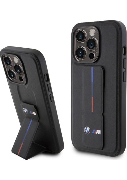 iPhone 15 Pro Uyumlu Kılıf Bmw Lisanslı M Şerit ve Logolu Standlı Kapak Siyah