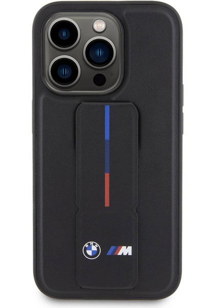iPhone 15 Pro Uyumlu Kılıf Bmw Lisanslı M Şerit ve Logolu Standlı Kapak Siyah modelleri
