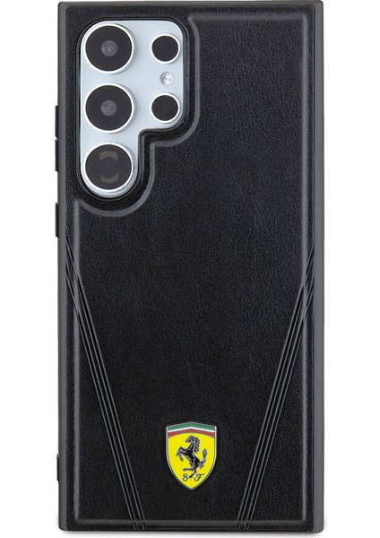 Galaxy S24 Ultra Kılıf Ferrari Lisanslı Magsafe Özellikli Sıcak Baskı V Çizgili Deri Kapak Siyah