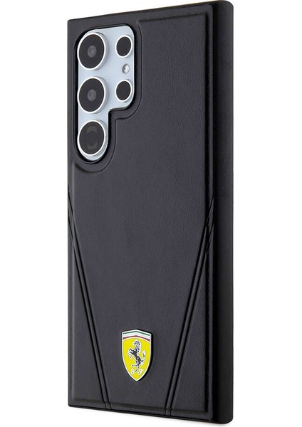 Galaxy S24 Ultra Kılıf Ferrari Lisanslı Magsafe Özellikli Sıcak Baskı V Çizgili Deri Kapak Siyah modelleri