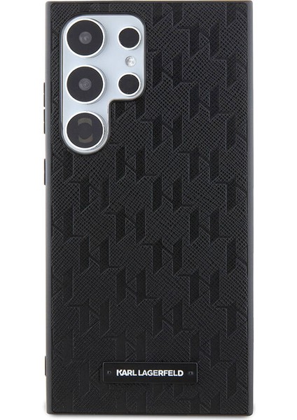 Galaxy S24 Ultra Uyumlu Kılıf Lisanslı Saffiano Monogram Metal Logo Kapak Siyah