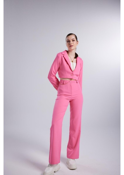 Yüksek Bel Düğmeli Panky Pantolon Pembe