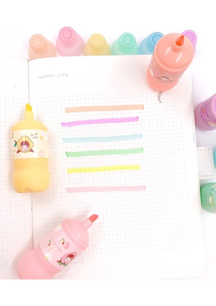 Plastik Meyve Suyu Şişesi Modelli 6 Renkli Fosforlu Kalem