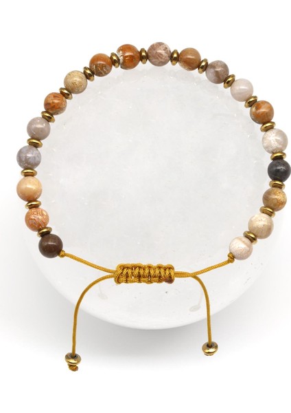 Fosil Mercan Doğal Taş Makrome Örme Bileklik Küre Kesim