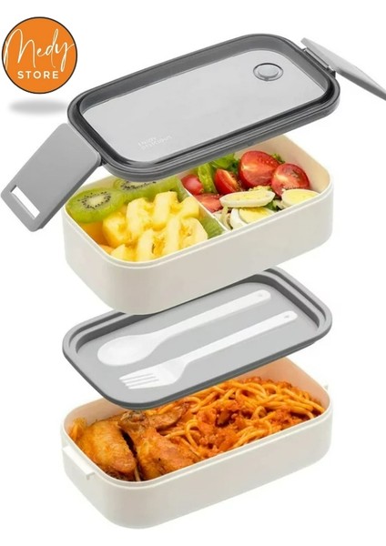 Medystore - Horly Iki Katlı Paslanmaz Çelik Kolay Kilitlenir Sefer Tası (Lunch Box) - 1400 Ml.