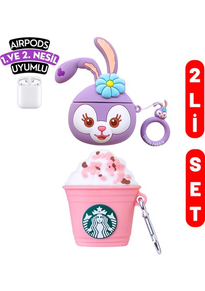 2'li Set - 1. ve 2. Nesil Uyumlu StellaLou ve Pembe Starbucks Figürlü Kulaklık Kılıfı Seti
