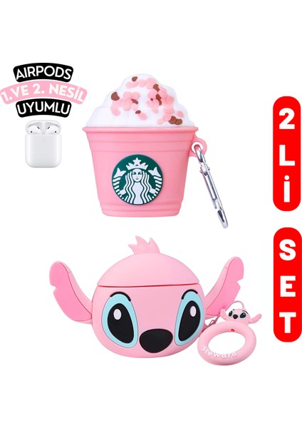 2'li Set - 1. ve 2. Nesil Uyumlu Pembe Starbucks ve Angel Figürlü Ikili Kulaklık Kılıfı Seti