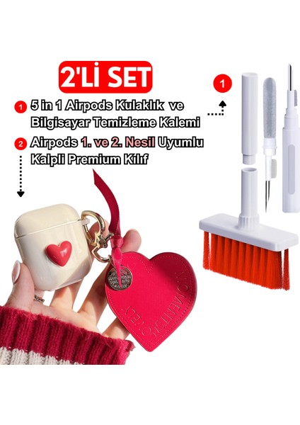 2'li Set - 1.ve 2. Nesil Uyumlu Kalpli Kılıf ve 5 In 1 Kulaklık ve Bilgisayar Temizleme Kiti Ikili Seti