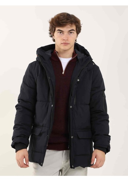 Lacivert Erkek Regular Fit Düz Kapüşonlu Mont - 96984