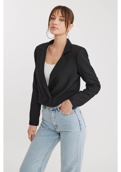 Çift Düğme Viskon Keten Crop Ceket