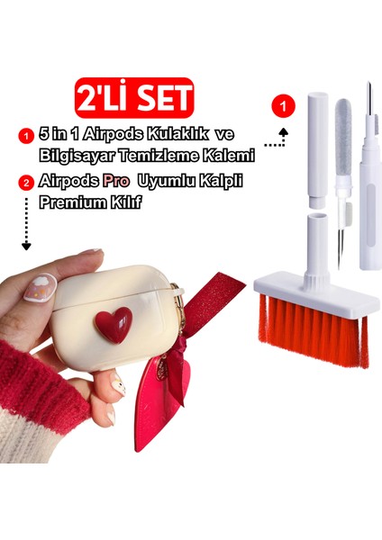 2'li Set - Pro Uyumlu Kalpli Kılıf ve 5 In 1 Kulaklık ve Bilgisayar Temizleme Kiti Ikili Seti
