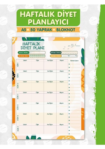 Tuğset Etiket Haftalık Diyet Planlayıcı Bloknot , Market Listesi , Planlayıcı Defter (A5 15X21) 50 Syf.  PLANNER-T966