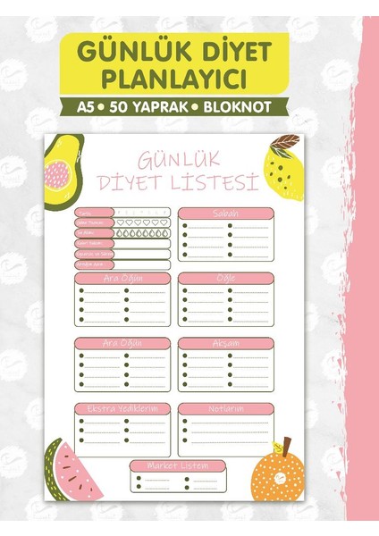 Tuğset Etiket Günlük Diyet Planlayıcı Bloknot , Market Listesi , Planlayıcı Defter (A5 15X21) 50 Syf.  PLANNER-T965