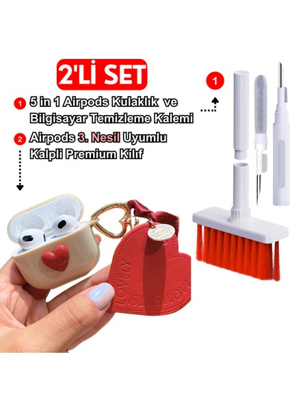2'li Set - 3. Nesil Uyumlu Kalpli Kılıf ve 5 In 1 Kulaklık ve Bilgisayar Temizleme Kiti Ikili Seti