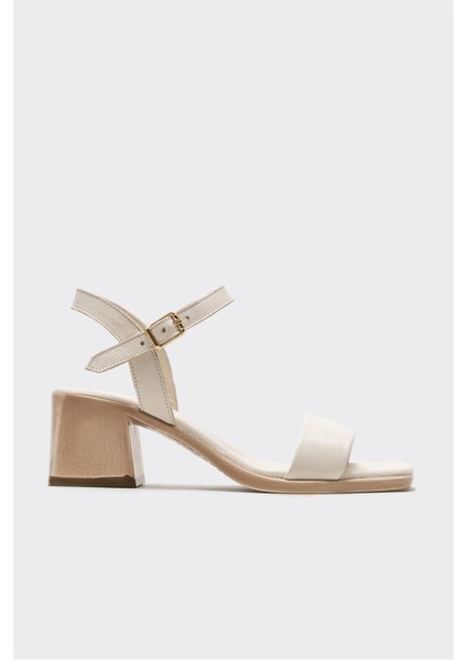 Ekru Deri Kadın Topuklu Sandalet