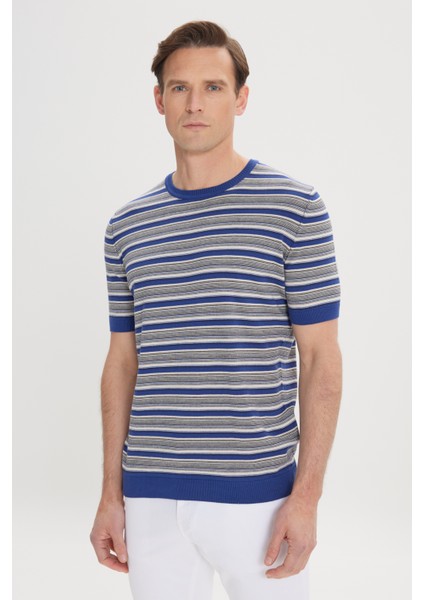 ALTINYILDIZ CLASSICS Erkek SAKS BEJ Standart Fit Normal Kesim Bisiklet Yaka %100 Pamuk Çizgili Triko Tişört
