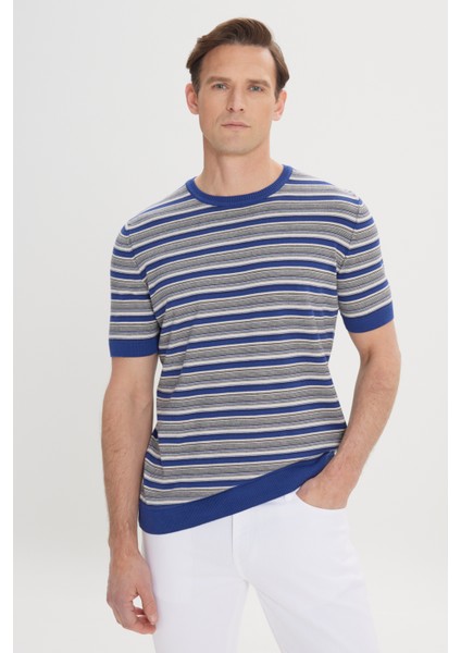 ALTINYILDIZ CLASSICS Erkek SAKS BEJ Standart Fit Normal Kesim Bisiklet Yaka %100 Pamuk Çizgili Triko Tişört modelleri