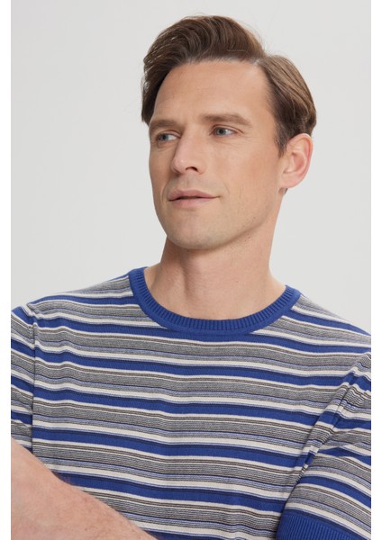 ALTINYILDIZ CLASSICS Erkek SAKS BEJ Standart Fit Normal Kesim Bisiklet Yaka %100 Pamuk Çizgili Triko Tişört fırsatları